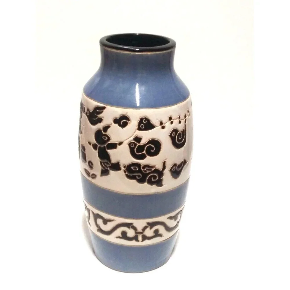 Vintage Ceramic Vase Asian Design Water Buffalo/Buckets Blue/White 11.5